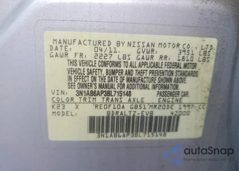 2011 Nissan Sentra 2.0 from USA, damaged, VIN 3N1AB6AP3BL715148